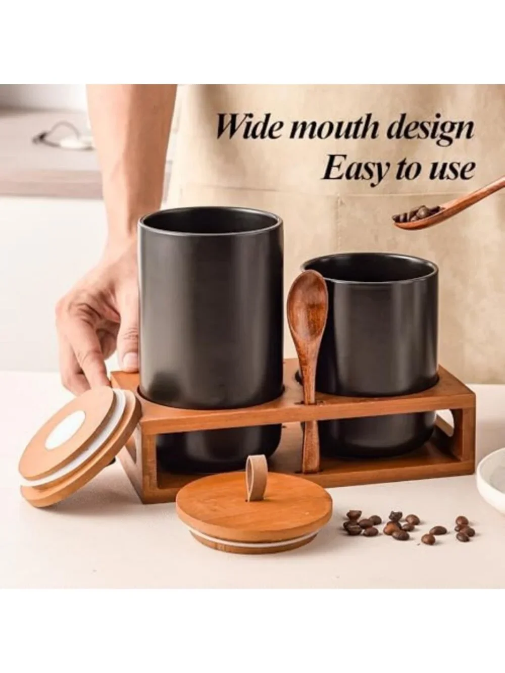Stylish Black Ceramic Canister Set with Bamboo Lids & Wooden Stand - Airtight